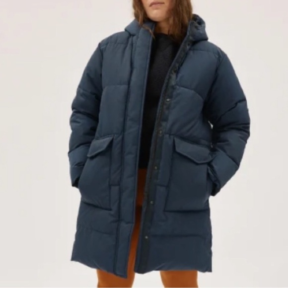 Everlane The ReNew Long Puffer Navy Blue Parka Coat With Hood Size Small - Picture 1 of 8